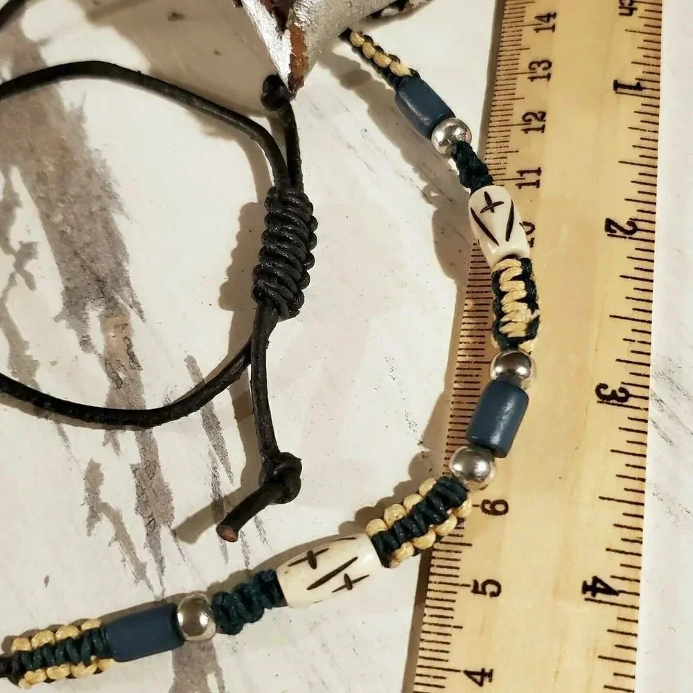 Hand Crafted India Tribal Black Blue Cream Silver Yak Bone Leather Necklace